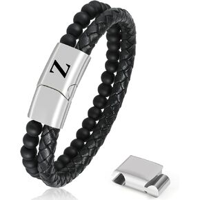 Initial Letter Leather Bracelet for Men, Black Alphabet Leather Bracelet with Clasp, to My Man Bracelet Jewelry Gifts for Dad Husband Brother Boyfriend Son Grandpa