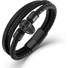 Mens Skull Leather Bracelet Black Punk Cuff Bangle Stainless Steel Skull Gifts for Men