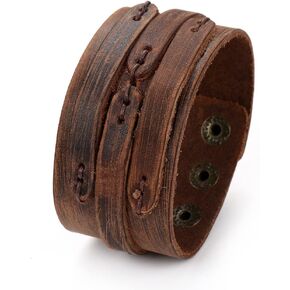Wide Leather Cuff Bracelet - Adjustable Punk Braided Wristband Cuff - Gothic Viking Bangle for Women, Men