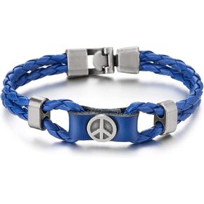Mens Women Braided Leather Bangle Bracelet with Anti-war Peace Sign Circle Charm