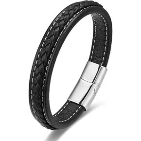 Mens Womens Black Braided Leather Bangle Bracelet, White Stitches, Two-row, Classic