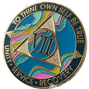 7 Year AA Medallion Elegant Marble Tahiti Teal Blue and Pink Gold Plated Chip