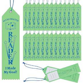 Outus 50 Pcs Accelerate Reader Award Ribbons Hot Green Ribbons with Card and String I Made My Goal Prize with Event Card for Ceremonies and Events Classroom Prizes