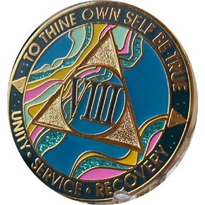8 Year AA Medallion Elegant Marble Tahiti Teal Blue and Pink Gold Plated Chip