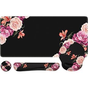 iLeadon Mouse Pad Set, Boho Desk Mat + Mouse Pad with Wrist Rest + Keyboard Wrist Rest + Coaster, 4in1 Mouse and Keyboard Pad Set for Home Office, Rug Fuchsia