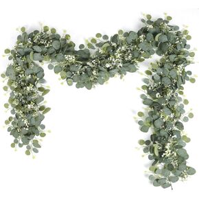 SOMYTING Artificial Eucalyptus Garland with White Flowers 2 Packs 5.9Ft Silver Dollar Eucalyptus Leaves Gypsophila Spring Greenery Garland Vines Table Runner for Wedding Arch Mantle Party Room Decor