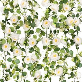 CEWOR 4pcs Artificial Eucalyptus Flowers Garland，23.6ft White Rose Garland for Table Decor Fake Flower Garland for Wedding Arch Decor