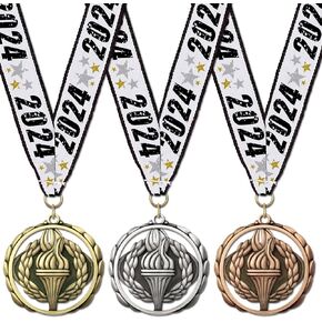 Hodges Badge Company Award Medals - Victory Torch - Gold Silver Bronze Medals with 2024 Neck Ribbon