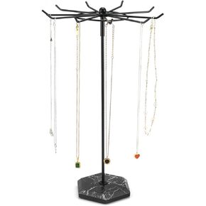 QWORK Vintage Black Metal Jewelry Stand - with 12 Hooks and Bottom Ring Dish Tray - Perfect for Necklaces, Bracelets, Earrings, Rings, Keychains - 12" H x 7.87" D
