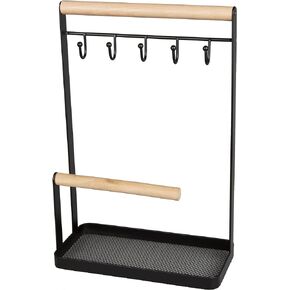 Creative Home Metal 2-Tier Jewelry Tree Stand Hanger Storage Organizer with Black Powder Coating Acacia Wood Hanger Bar for Necklaces Bracelets Earrings Watches Jewelry Display, 4" x 7.9" x 12" H