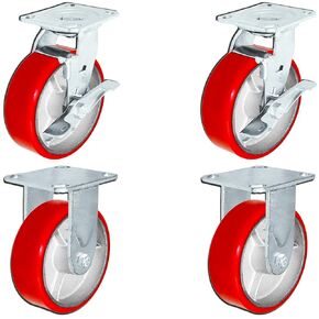 6 x 2 Heavy Duty Caster Set with Red Polyurethane on Steel Wheels, 1,200 lbs Capacity per Caster, 6" Size (4 Pack), Toolbox casters