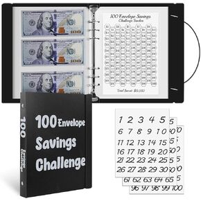 100 Envelopes Money Saving Challenge Binder, A5 Plastic Budget Binder with Cash Envelopes, Savings Binder for Planning and Saving $5050, Black