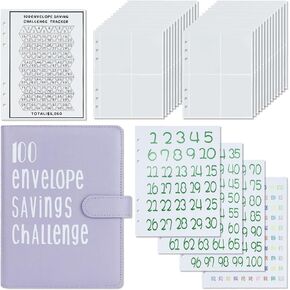 100 Envelopes Challenge Binder, A5 Money Saving Budget Binder with Cash Envelopes, Savings Challenges Book to Save $5,050 (Purple)