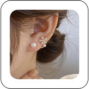 Boho Crystal Pearl Ear Jackets Earrings Gold Pearl Flower Ear Cuff Jacket Earrings Vintage Pearl Front Back Earrings Sparkly Crystal Cz Flower Earrings Jewelry for Women and Girls