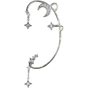 Moon Star Ear Cuff Earrings For Women Non-piercing Adjustable Clip On Dangle Drop Silver Aesthetic Cute Dainty Crystal Moon And Star Earrings Cartilage Climber Crawler For Daughter