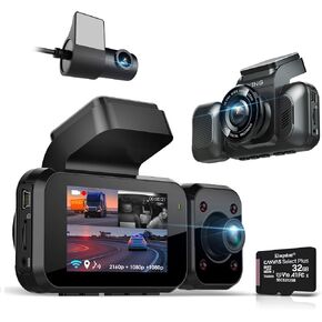 4K 3-Channel Dash Cam with Wi-Fi, GPS, Voice Control, G-Sensor, and Loop Recording – Super Capacitor, 170° Wide Angle, 32GB MicroSD Included