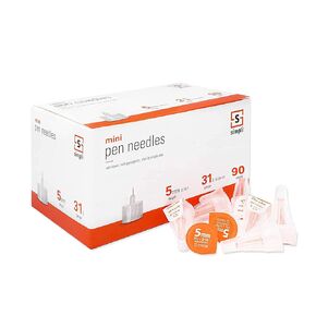 SIMPLI Insulin Pen Needles 5mm (3/16") x 31G Mini, 90 Count: for at-Home Insulin Injections, Compatible with Most Pen Injector Devices