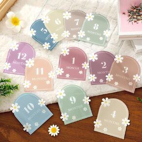 Acrylic Baby Monthly Milestone Cards 3D Boho Daisy Marker Discs Rustic Announcement Sign Newborn Photography Props for Pregnancy Baby Shower Party Gift, 12Pcs