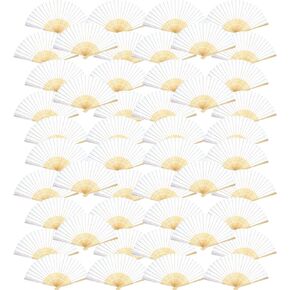 Bememo Hand Held Fans Silk Bamboo Folding Fans Handheld Folded Fan for Church Wedding Gift, Party Favors, DIY Decoration (White, 48 Pack)