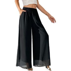 بنطلون Palazzo شيفون نسائي من Yehopere بطبقات مزدوجة للصيف بوهو واسع الساق غير رسمي بنطلون صالة in Kuwait
