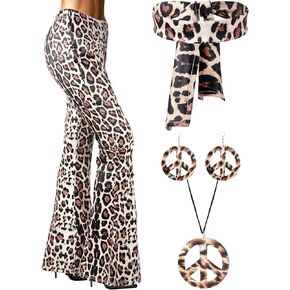 70s Women Hippie Costume Set Stretchy Wide Leg High Waist Bell Bottom Flare Pants for Halloween Cosplay Party
