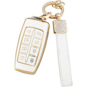 1797 Key Fob Cover for Hyundai Genesis GV80 GV70 Accessories Bling Car Remote Start Key Chain Case Shell Protector 8 Button White Gold TPU