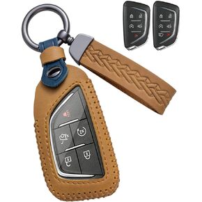 for Cadillac Key Fob Cover Leather Car Key Case Keychain Smart Key Fob Holder Compatible for 2020-2024 Cadillac Escalade CT5 CT6 XT4 XT5 C8 Corvette (Blue)