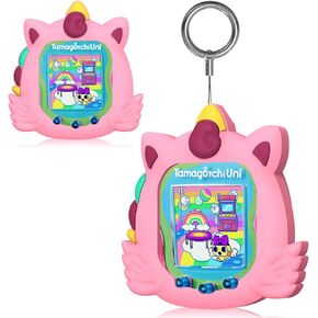 Silicone Case Compatible with Tamagotchi Uni Case, Cute Cartoon Pink Virtual Pet Game Machine Protector Cover for Tamagotchi Uni Accessories with Ring Lanyard (Pink)