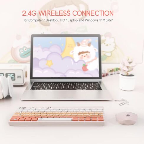 Colorful Wireless Keyboard and Mouse Combo, 2.4G USB Compact Portable and Quiet Keyboard and Mouse for PC, Laptop,Tablet,Computer, Cute Cats Yellow in Kuwait