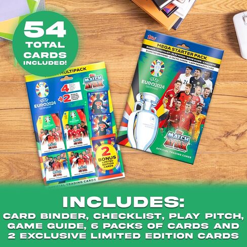 Topps Match Attax Euro 2024 Soccer 54 Card Bundle, Including Official Starter Pack with 3 Exclusive Limited Edition Cards + Mega Multipack with 2 Master Limited Edition Cards in Kuwait
