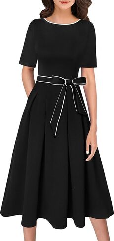 VFSHOW Womens Black Belted Elegant Pockets Work Office Business Pleated A-Line Midi Dress 10119 BLK M in Saudi Arabia