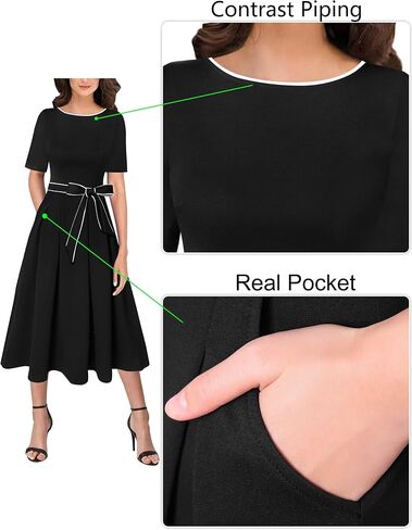 VFSHOW Womens Black Belted Elegant Pockets Work Office Business Pleated A-Line Midi Dress 10119 BLK M in Saudi Arabia