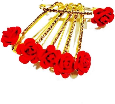 Red Floral Design Saree Golden Color Pin or Safety Pin Rose Shaped Stone Set of 6 in Saudi Arabia