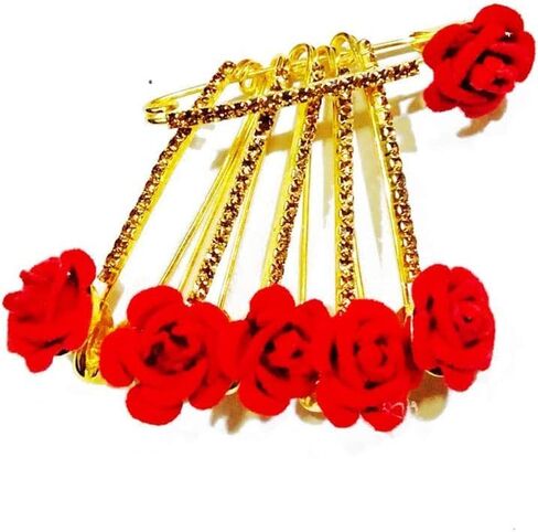 Red Floral Design Saree Golden Color Pin or Safety Pin Rose Shaped Stone Set of 6 in Saudi Arabia