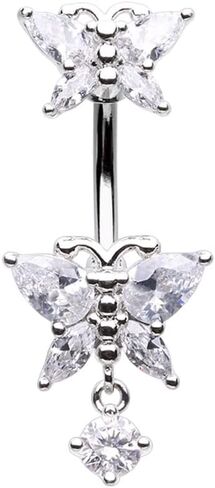 Pierced Owl 14GA Stainless Steel CZ Crystal Double Butterfly with Dangling Drop Belly Button Ring in Saudi Arabia