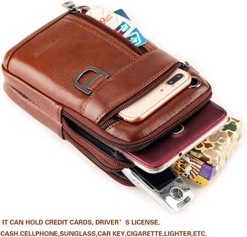 Leather Cell Phone Shoulder Holster,Hip Bum Pack Pouch for Men,Vertical Holster Belt Clip Pouch,Carrying Case with Card Slots Compatible with iPhone (Brown) in Kuwait