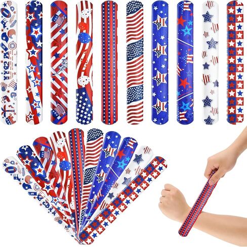 48 Pieces American Flag Slap Bracelets Bulk - 10 Assorted Designs Patriotic Snap Bands, USA Themed Party Favors for Kids and Adults, Fourth of July Accessories, Goodie Bag Fillers, Classroom Prizes in Saudi Arabia