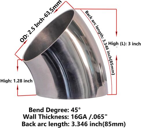OD 2.5 بوصة 45 درجة كوع عادم من الفولاذ المقاوم للصدأ Pipe-16GA/. أنبوب منحني من الفولاذ المقاوم للصدأ Wall-SS304 مقاس 065 بوصة لمرفق عادم السيارة المعدل، وثني درابزين الدرج، وما إلى ذلك (OD: 2.5 بوصة (1 قطعة)) in Kuwait