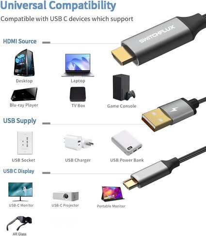 كابل HDMI إلى USB C 4K@60 هرتز، مدخل مصدر HDMI 6FT إلى سلك إخراج USB من النوع C متوافق مع Xreal Air، Nreal Air، PS5، Xbox، شاشة محمولة، منصة Steam Deck in Kuwait