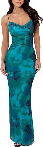 Women Vintage Spaghetti Strap Maxi Dress Sexy Low Cut Backless Floral Satin Slip Long Dress Y2k Cami Bodycon Dresses in Kuwait