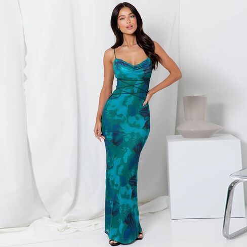 Women Vintage Spaghetti Strap Maxi Dress Sexy Low Cut Backless Floral Satin Slip Long Dress Y2k Cami Bodycon Dresses in Kuwait