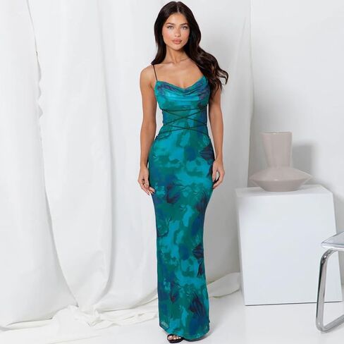 Women Vintage Spaghetti Strap Maxi Dress Sexy Low Cut Backless Floral Satin Slip Long Dress Y2k Cami Bodycon Dresses in Kuwait
