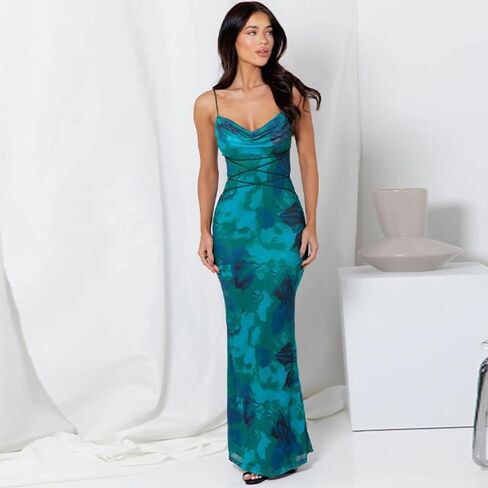 Women Vintage Spaghetti Strap Maxi Dress Sexy Low Cut Backless Floral Satin Slip Long Dress Y2k Cami Bodycon Dresses in Kuwait