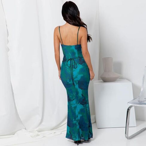 Women Vintage Spaghetti Strap Maxi Dress Sexy Low Cut Backless Floral Satin Slip Long Dress Y2k Cami Bodycon Dresses in Kuwait