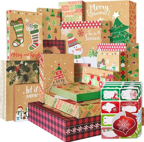 12 Kraft Christmas Gift Boxes with Lids for wrapping Large Clothes and 80 Foil Christmas Gift Stickers (Assorted size for wrapping Robes, Sweater, Coat, Shirts and Clothes xmas Holiday Present) in Saudi Arabia