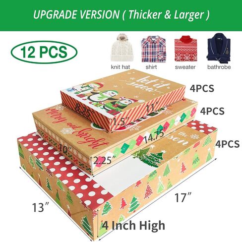 12 Kraft Christmas Gift Boxes with Lids for wrapping Large Clothes and 80 Foil Christmas Gift Stickers (Assorted size for wrapping Robes, Sweater, Coat, Shirts and Clothes xmas Holiday Present) in Saudi Arabia