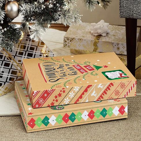 12 Kraft Christmas Gift Boxes with Lids for wrapping Large Clothes and 80 Foil Christmas Gift Stickers (Assorted size for wrapping Robes, Sweater, Coat, Shirts and Clothes xmas Holiday Present) in Saudi Arabia