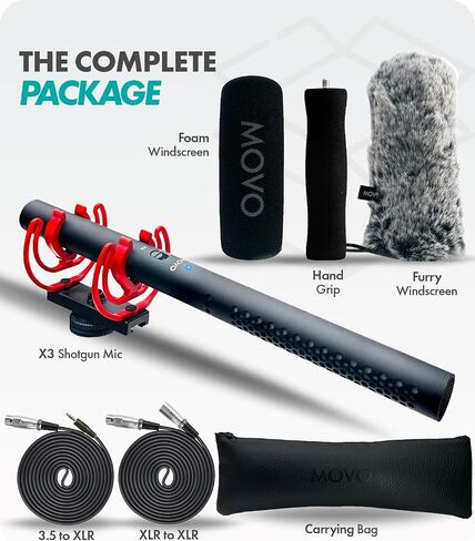Movo X3 11-inch XLR Shotgun Microphone for Camera - Supercardioid Condenser Shotgun Mic for DSLR, Content Creation, Video, and Filmmaking - Directional Boom Mic with Rycote Shockmount, Grip, and More in Saudi Arabia