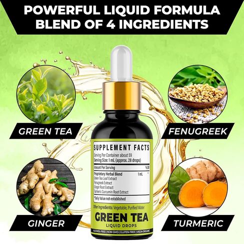 2 أونصة سائلة من مستخلص الشاي الأخضر العضوي - ممزوجة بالحلبة والزنجبيل والكركم - تدعم الصحة العامة وصحة المناعة والقلب للرجال والنساء - نباتي وغير معدل وراثيًا in Kuwait