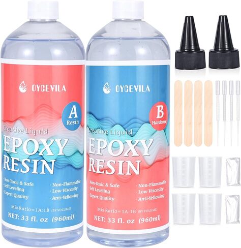 مجموعة راتنجات إيبوكسي 66oz - راتنجات إيبوكسي من الفئة الغذائية (33oz راتنج + 33oz مقوي)، شفاف كريستالي وسهل الخلط 1:1 راتنجات إيبوكسي لأسطح المنضدة، والقضبان، والحرف اليدوية، وما إلى ذلك - تسوية ذاتية، بدون فقاعات مكونة من جزأين من راتنجات الإيبوكسي الفن in Kuwait